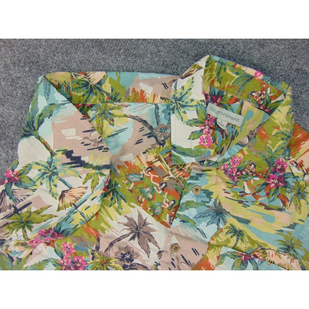 Tricots St Raphael Shirt Mens Large Aloha Tropical Green Blue Island Button Down